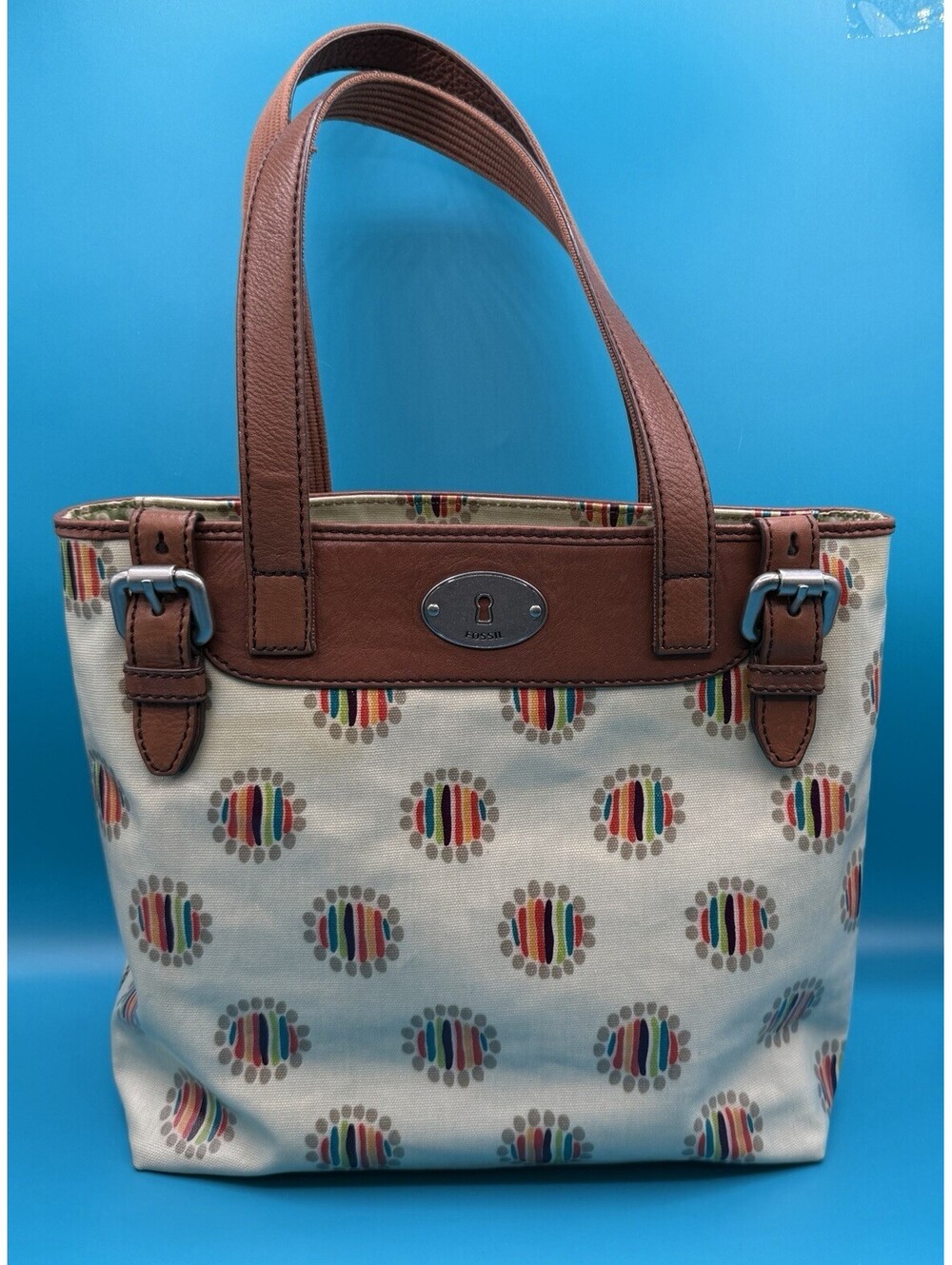 Fossil Key-Per Shopper Tote Bag Coated Canvas Multicolor Polka Dot Leather Trim